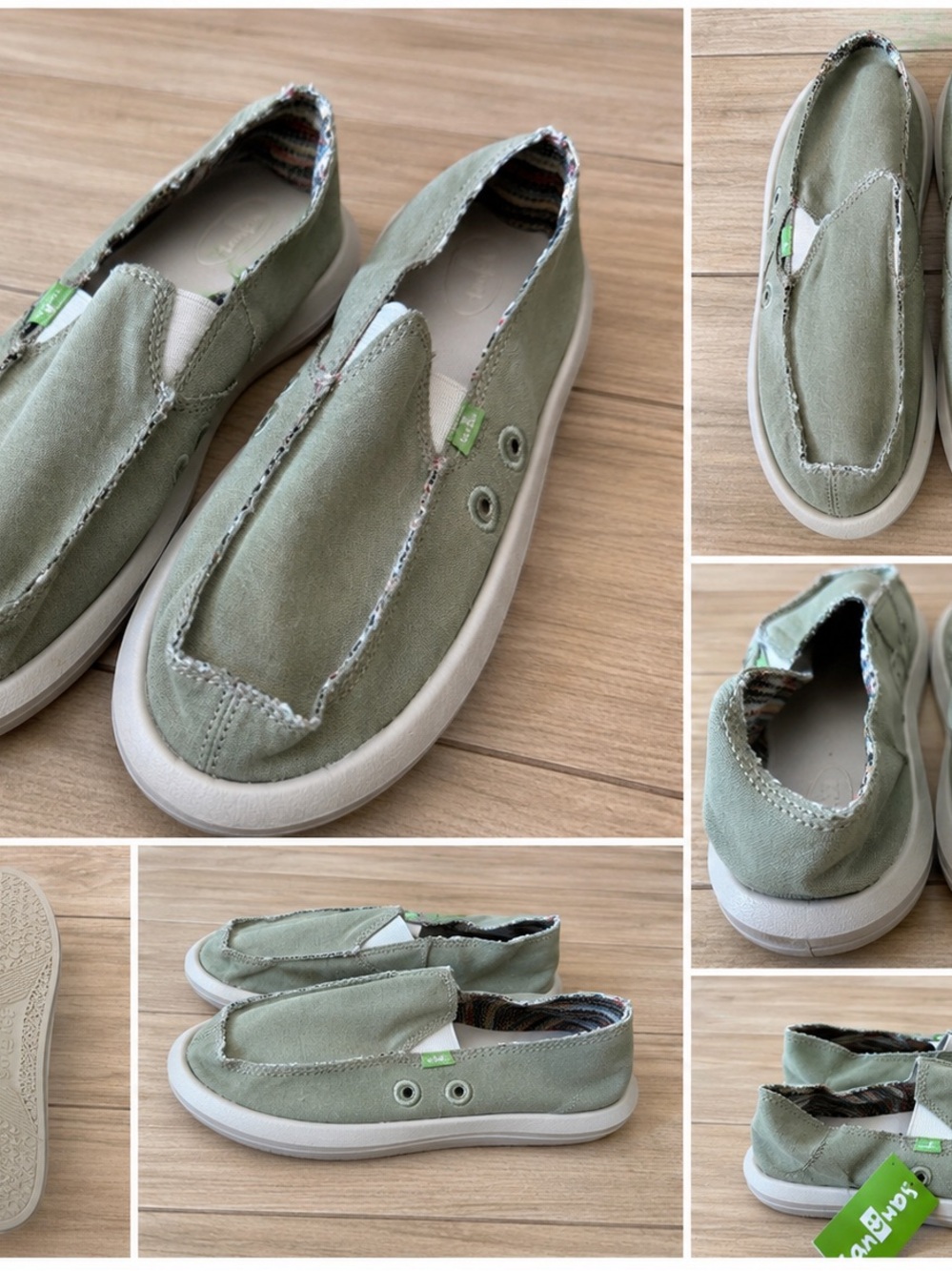Sanuk Women's Slip-On Loafers in Sage Green and White